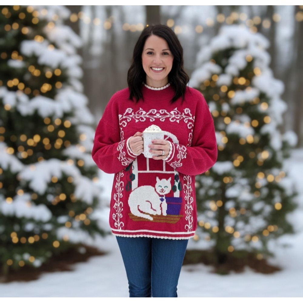 Vintage 80s Spunky Women's Chest 20 Red Long-Sleeve Cat In Window Design Sweater